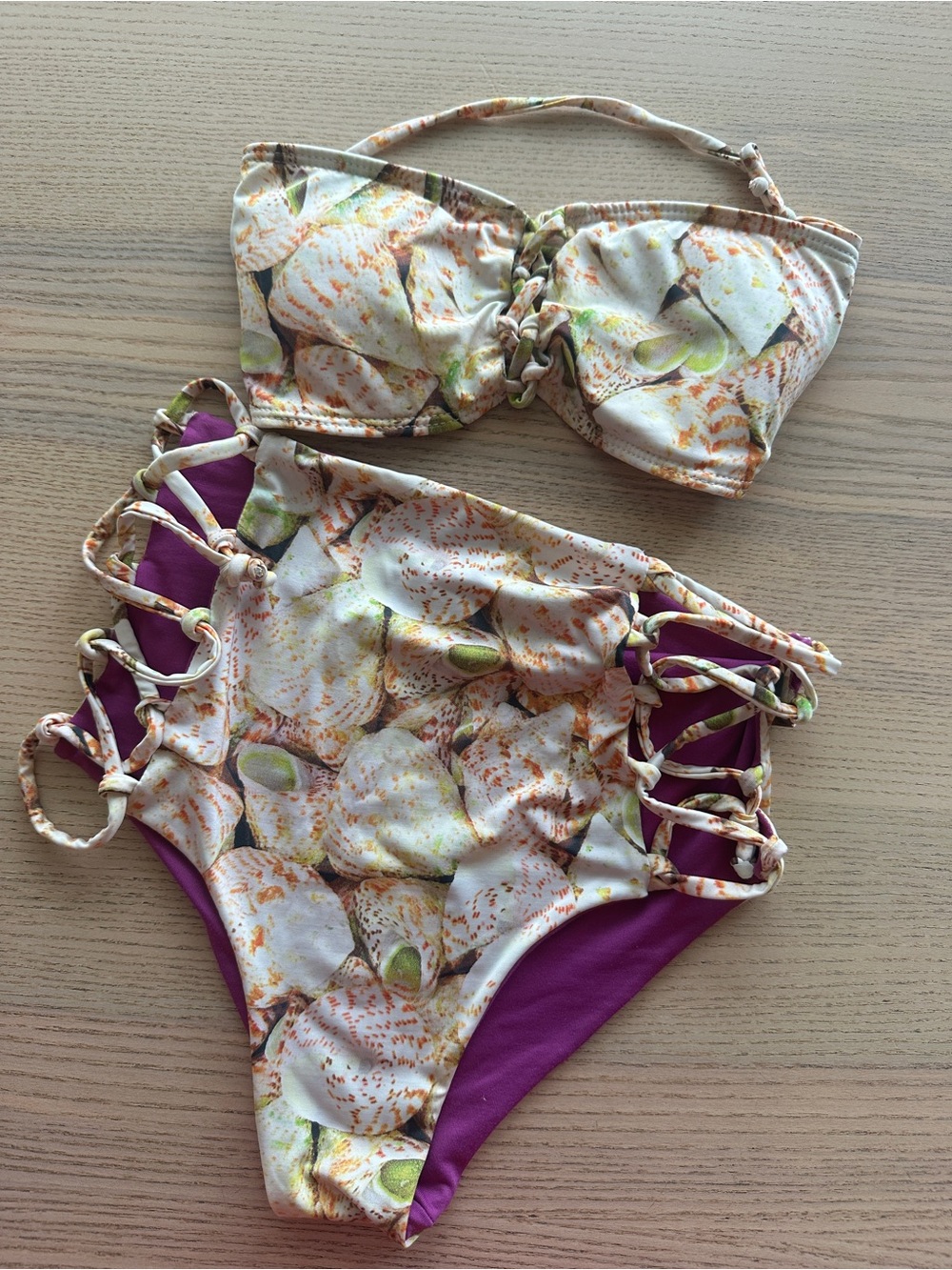 San Lorenzo Cream Shell & Purple High-Waist Bikini Set
